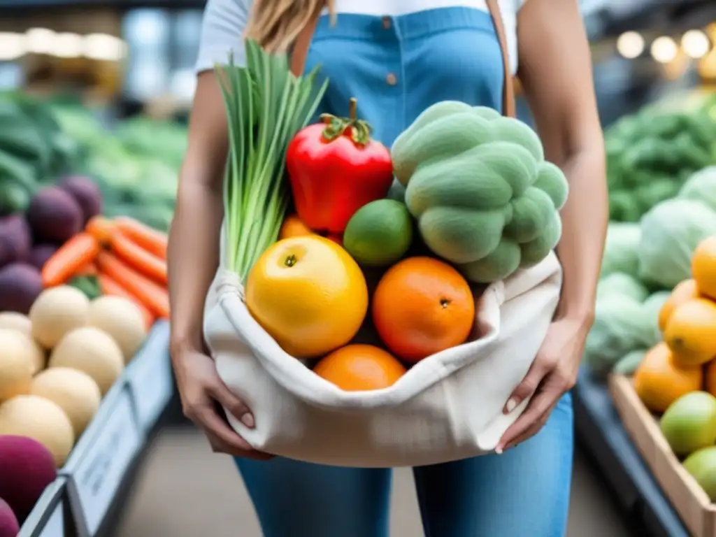 En un supermercado zero waste Original Unverpackt, una mano sostiene una bolsa de algodón reutilizable llena de frutas y verduras frescas y vibrantes