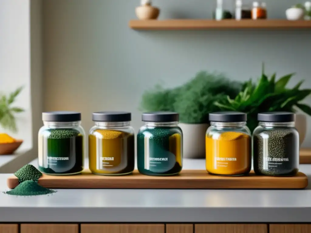 Suplementos ecológicos para una vida saludable: tarros de vidrio con espirulina, chía y cúrcuma en una cocina moderna iluminada por la mañana