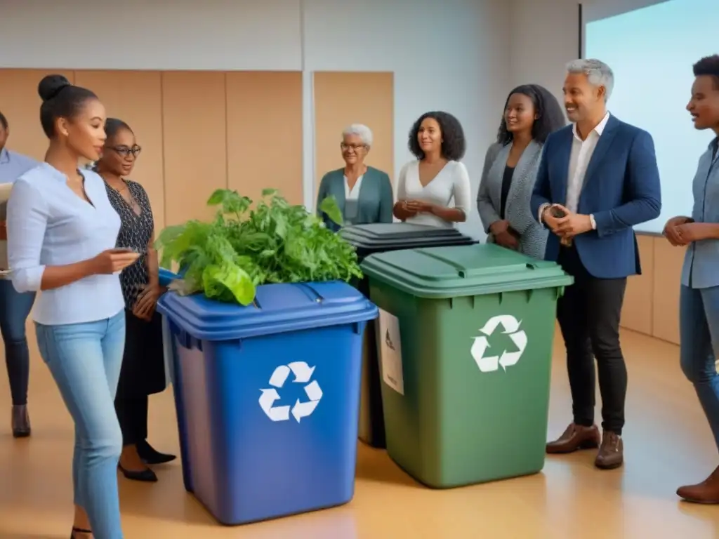 Un taller comunitario de reciclaje y compostaje, donde personas de todas las edades aprenden juntas sobre educación sostenible