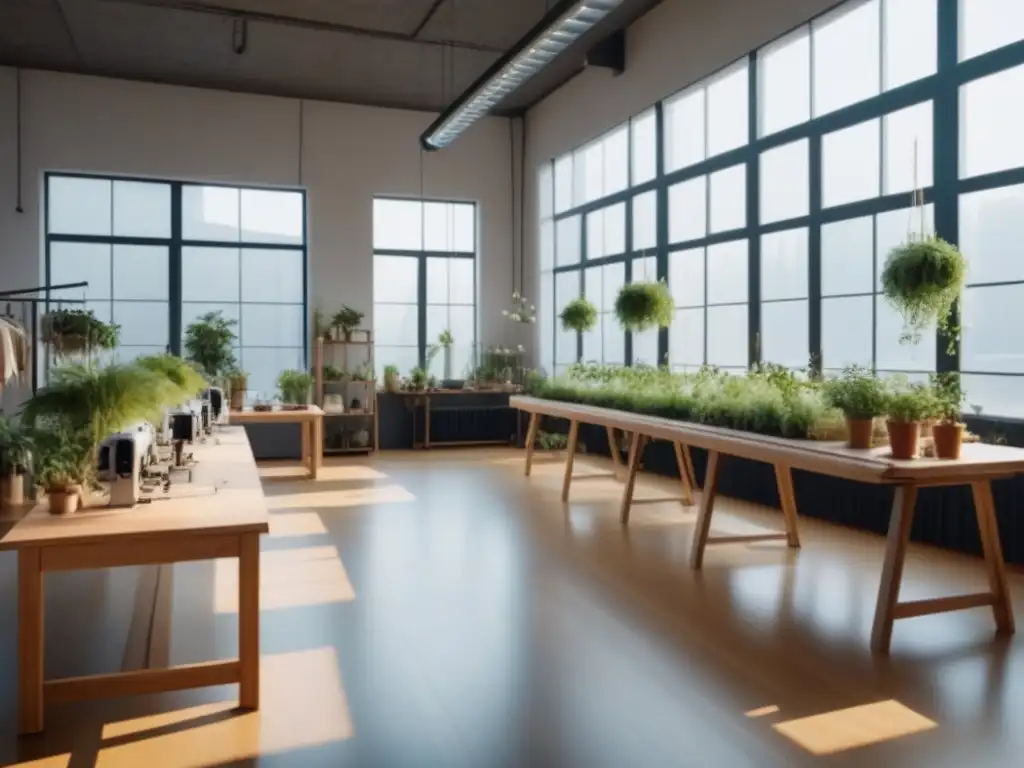 Atelier de moda sostenible: fusión de artesanía e innovación Un taller de moda sostenible, minimalista y moderno con decoración terracota, plantas colgantes y luz natural