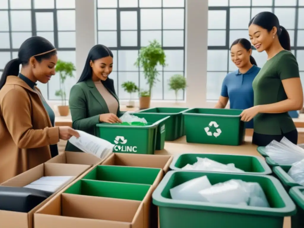 Un taller de reciclaje inclusivo con personas de diversas edades y etnias clasificando residuos, transmitiendo serenidad y conciencia ambiental