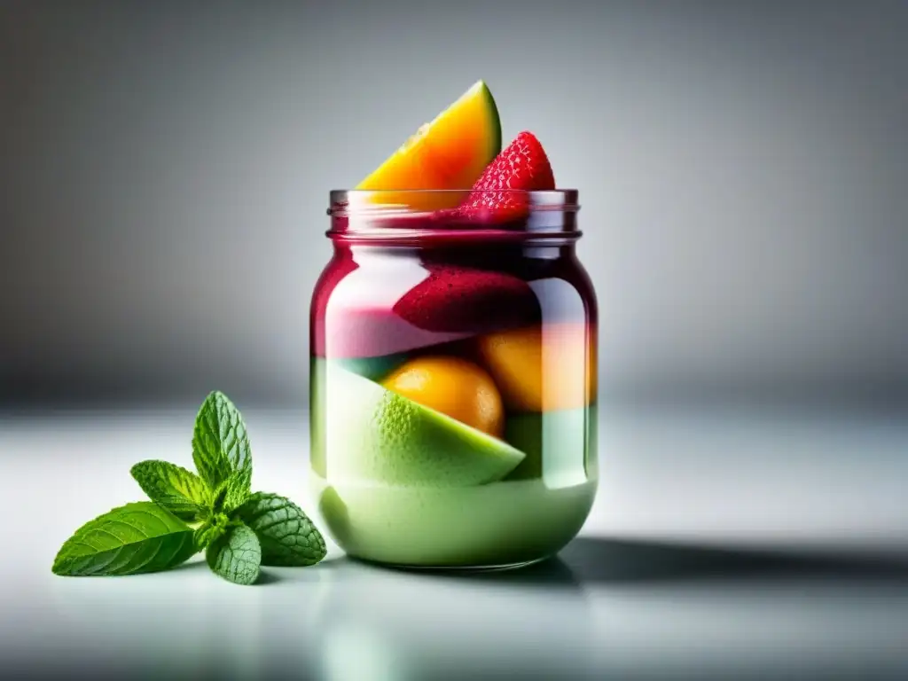 Un tarro de cristal lleno de sorbete de frutas, decorado con frutas frescas y hojas de menta, en un fondo blanco