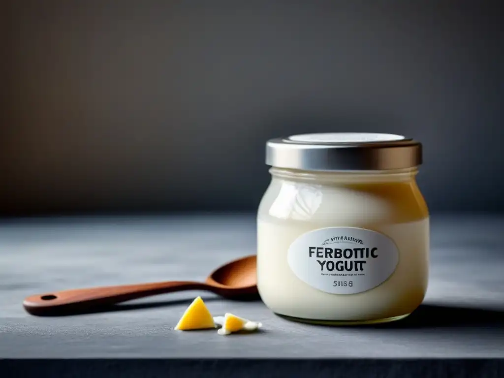 Tarro de cristal con yogur probiótico, resalta su textura cremosa y propiedades beneficiosas