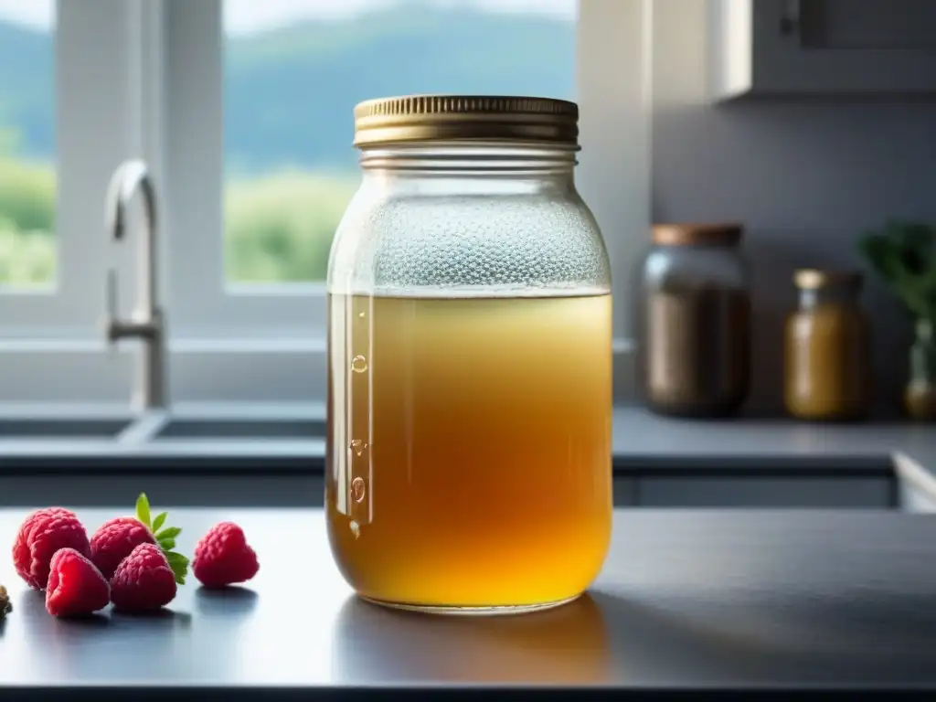 Tarro de kombucha casero con burbujas, en cocina limpia y tranquila