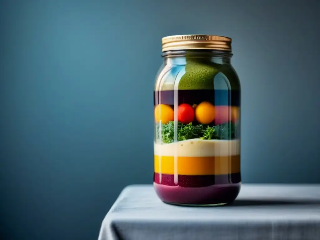 Un tarro de vidrio con capas de frutas y verduras orgánicas, creando un smoothie detox zero waste