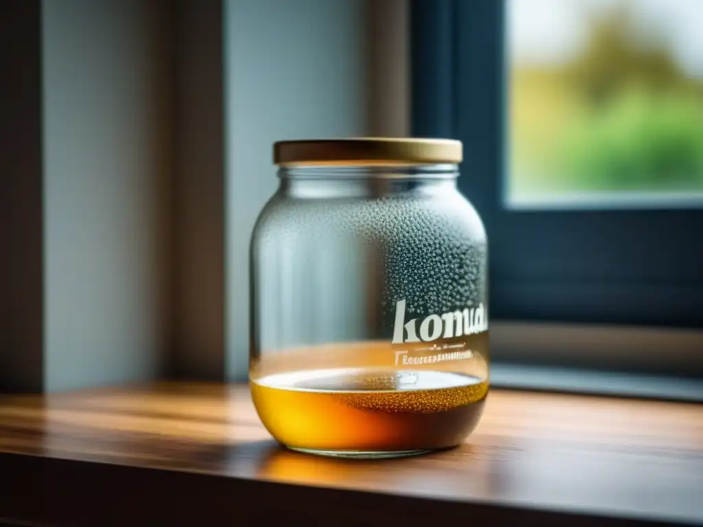 Tarro de vidrio con kombucha burbujeante en fermentación, iluminado por luz natural