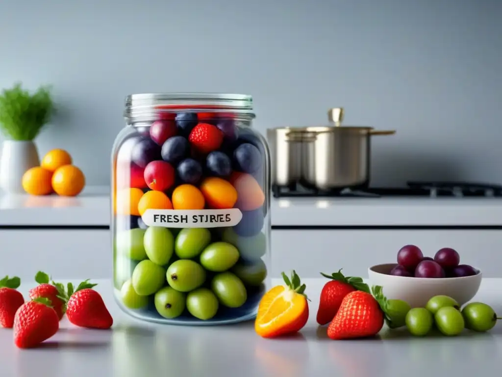 Un tarro de vidrio rebosante de frutas y verduras coloridas sobre una encimera moderna