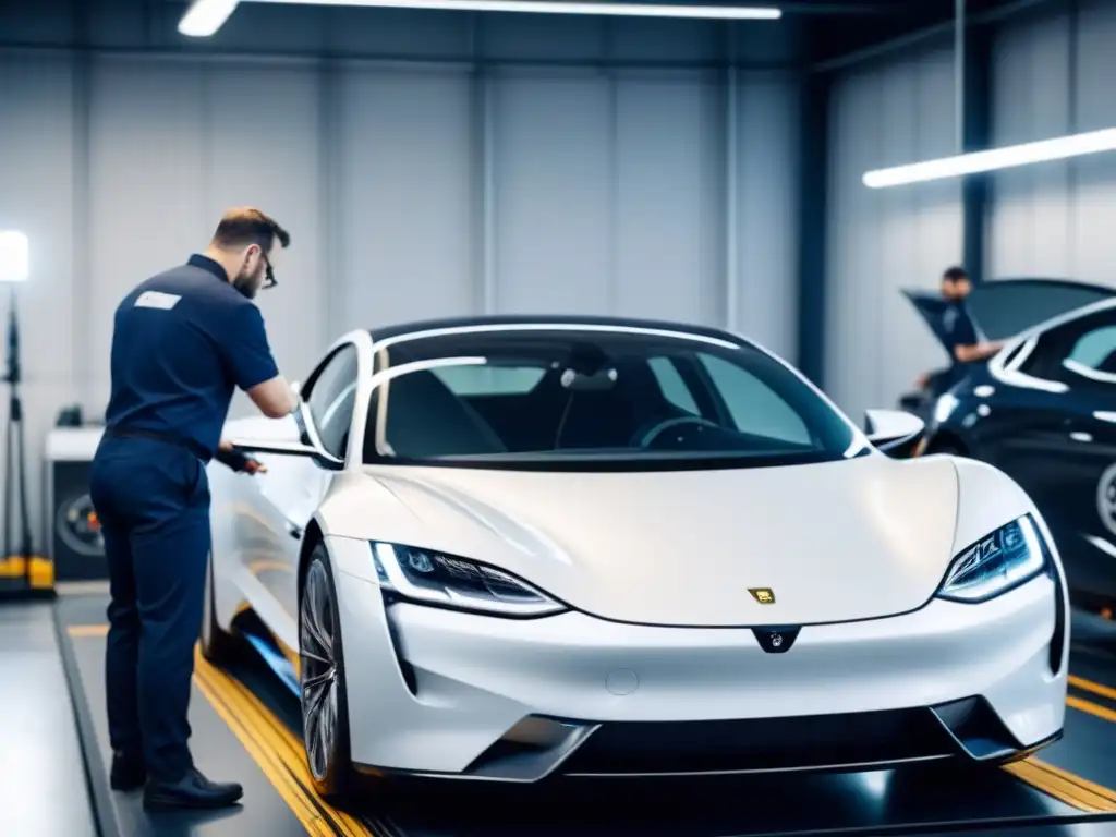 Un técnico inspecciona un lujoso coche eléctrico en un taller futurista