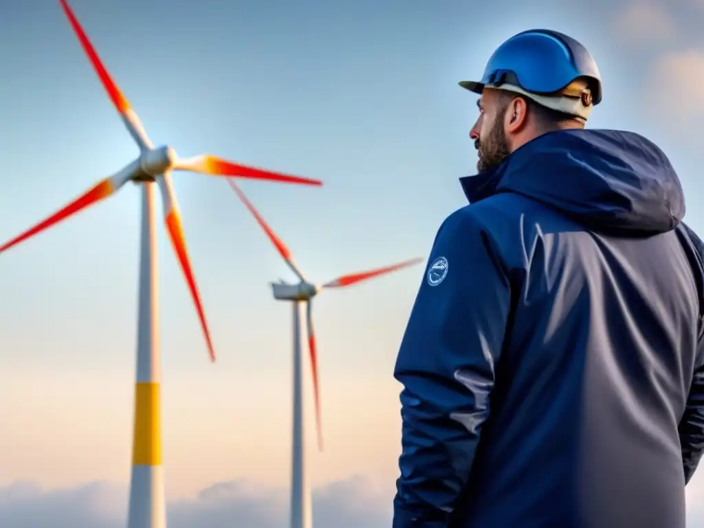 Un técnico realiza mantenimiento a una turbina eólica doméstica con precisión y atención a detalle bajo un cielo despejado