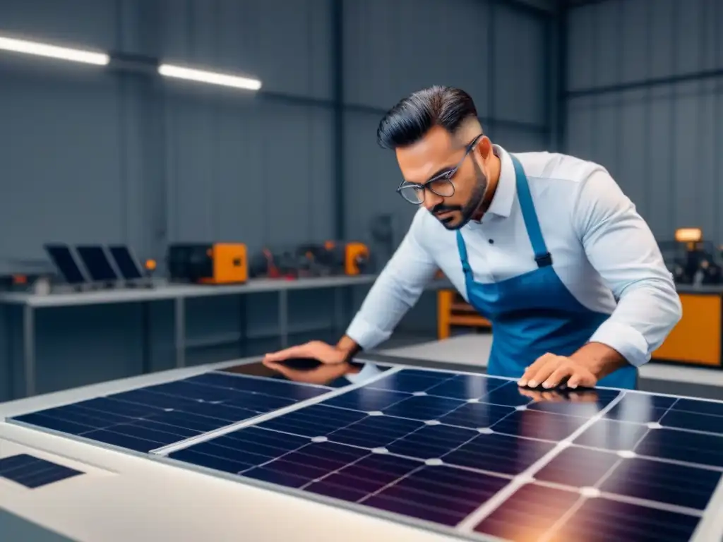 Un técnico inspecciona detenidamente un panel solar en un taller organizado