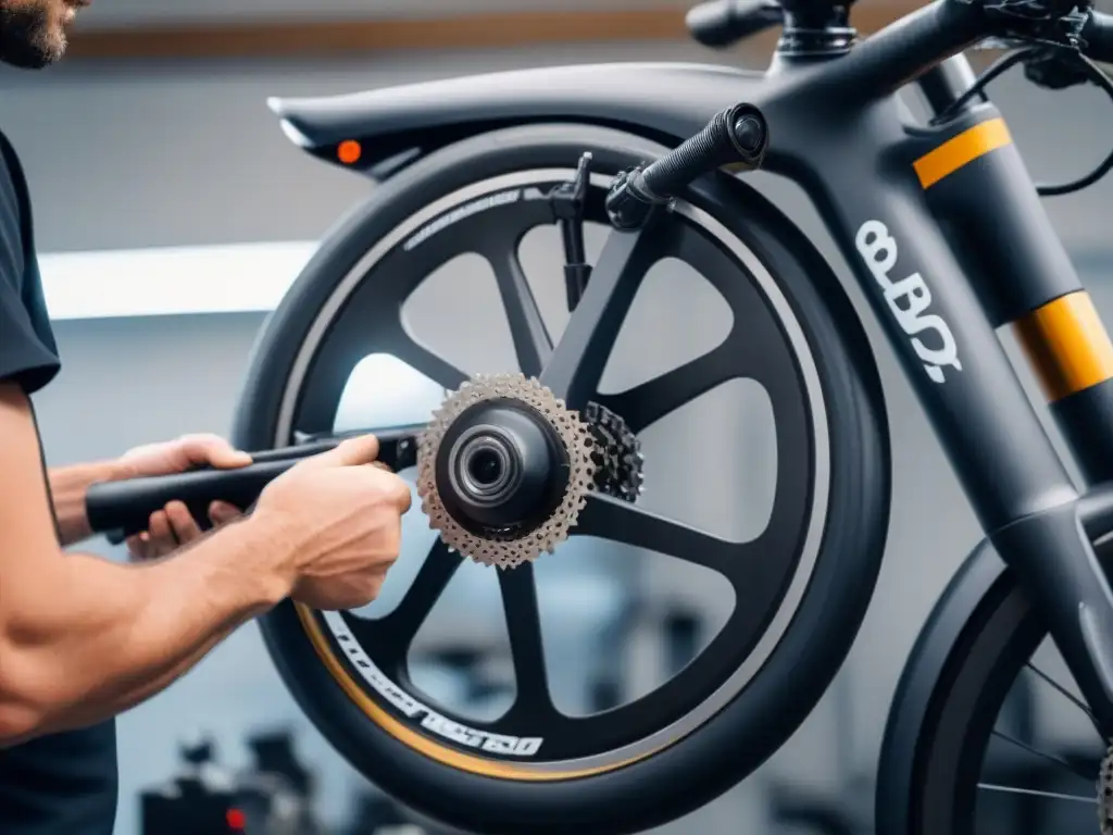 Un técnico cuida con precisión una bicicleta eléctrica en un taller organizado