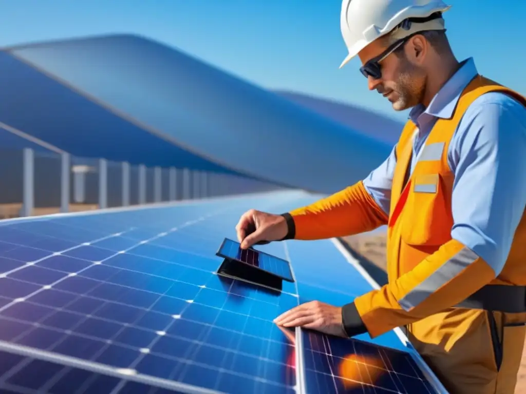 Un técnico en uniforme profesional inspecciona detalladamente un panel solar, rodeado de herramientas organizadas