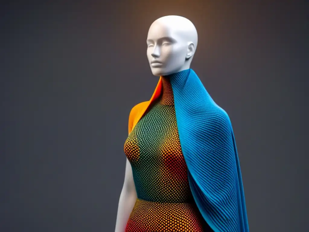 La tecnología de textiles sostenibles se destaca en una creación vibrante y detallada sobre un maniquí, simbolizando innovación