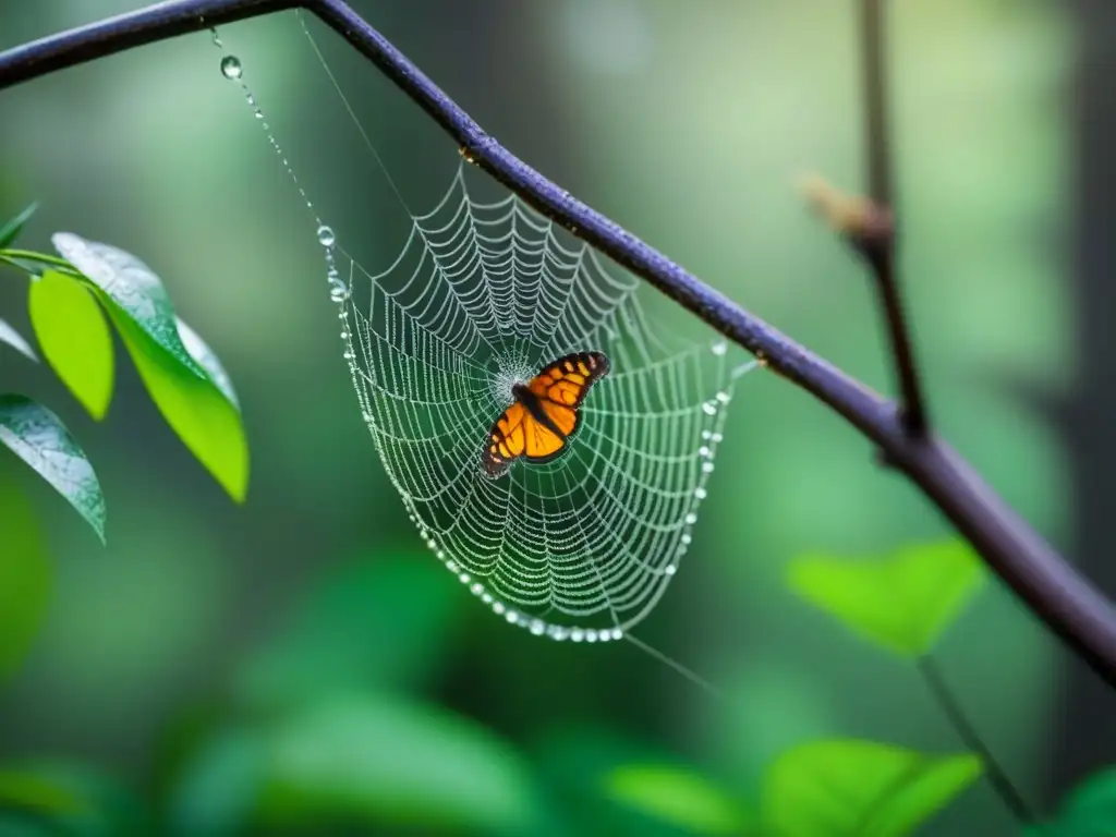 Una telaraña delicada entre ramas en un bosque verde, con gotas de rocío reflejando la naturaleza y una mariposa vibrante