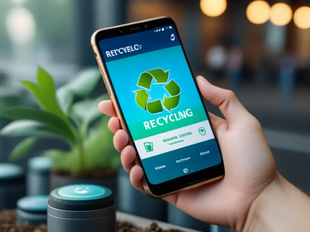 Teléfono con app de reciclaje: diseño moderno, iconos intuitivos, mapa de centros de reciclaje y rastreador de hábitos eco