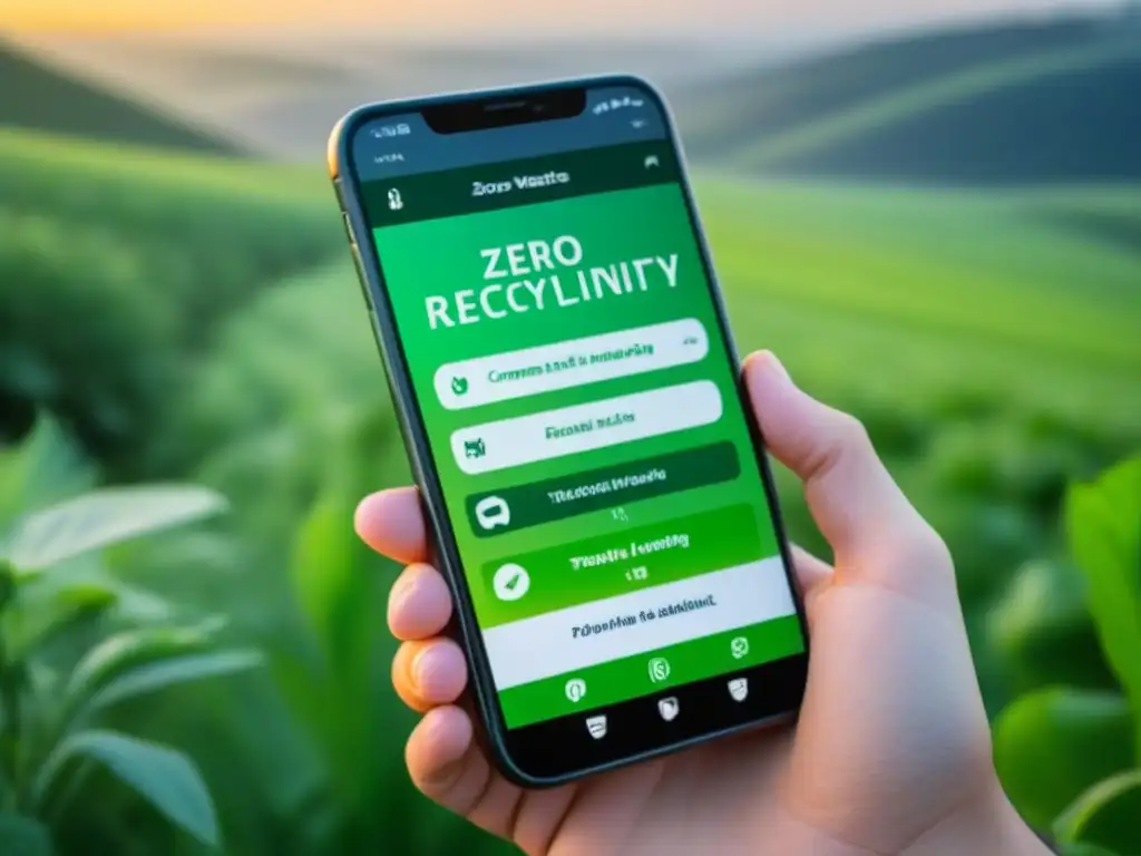 Un teléfono futurista muestra una app de gestión de residuos, con diseño sostenible y gráficos vibrantes