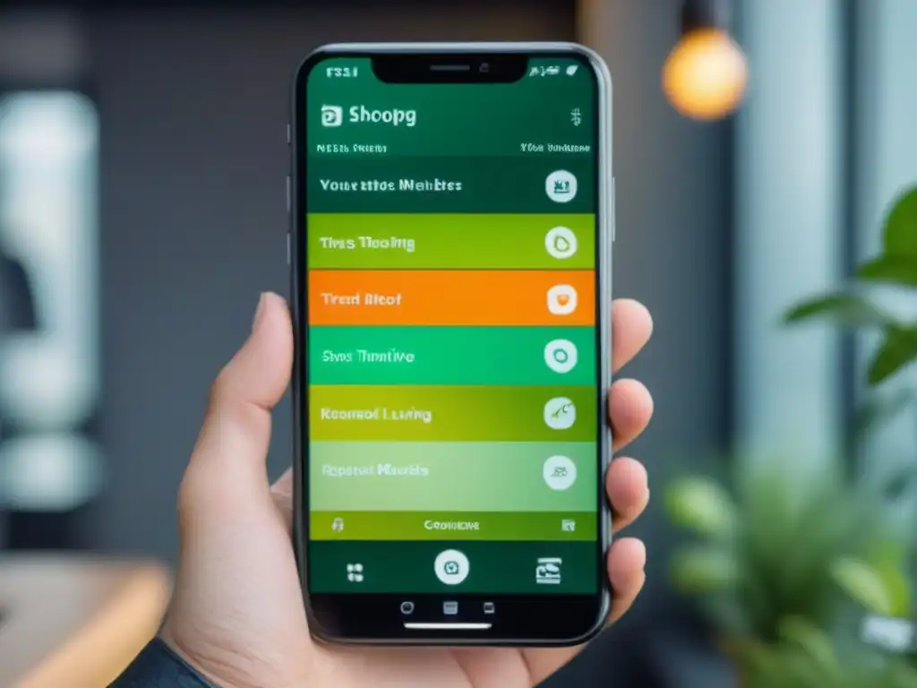 Un teléfono inteligente muestra una app ecofriendly con diseño minimalista y acentos verdes, ideal para vida zero waste