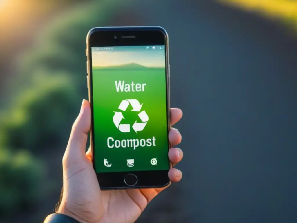 Teléfono inteligente con apps estilo vida zero waste en pantalla, diseño minimalista y detallado