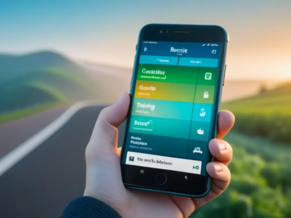 Teléfono inteligente con Apps para vida sostenible en diseño minimalista y fondo verde-azul