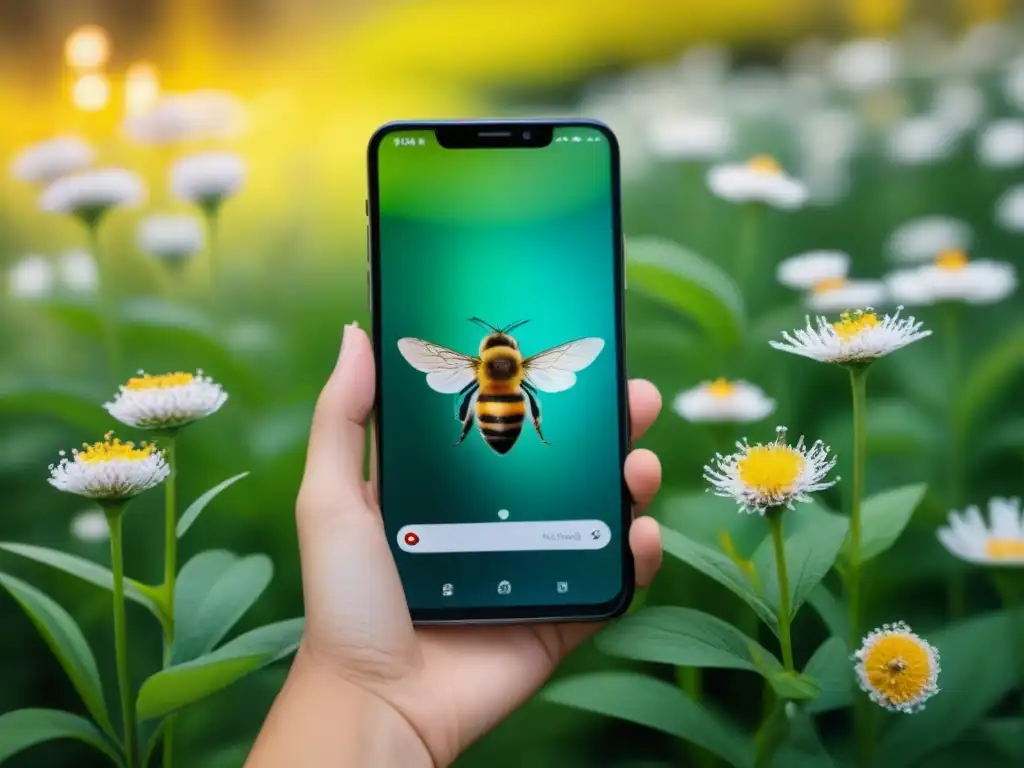 Teléfono inteligente en ecosistema verde con Apps ecológicas para vida sostenible