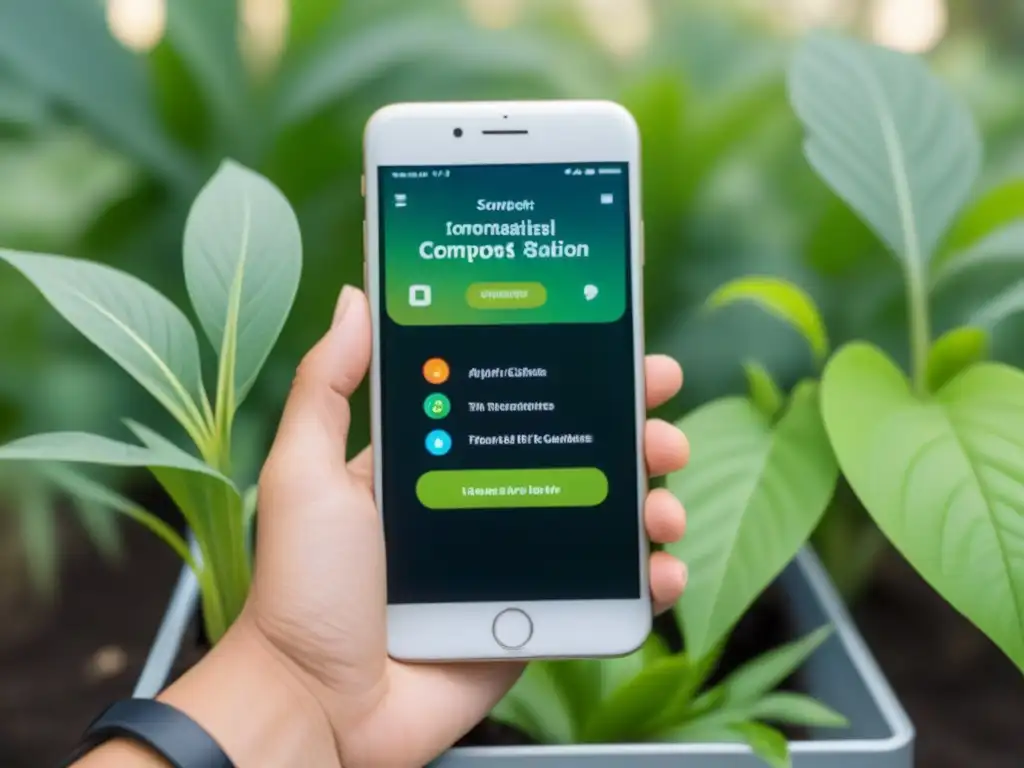 Un teléfono inteligente elegante con una app de compostaje en pantalla, rodeado de plantas verdes y un contenedor de compostaje