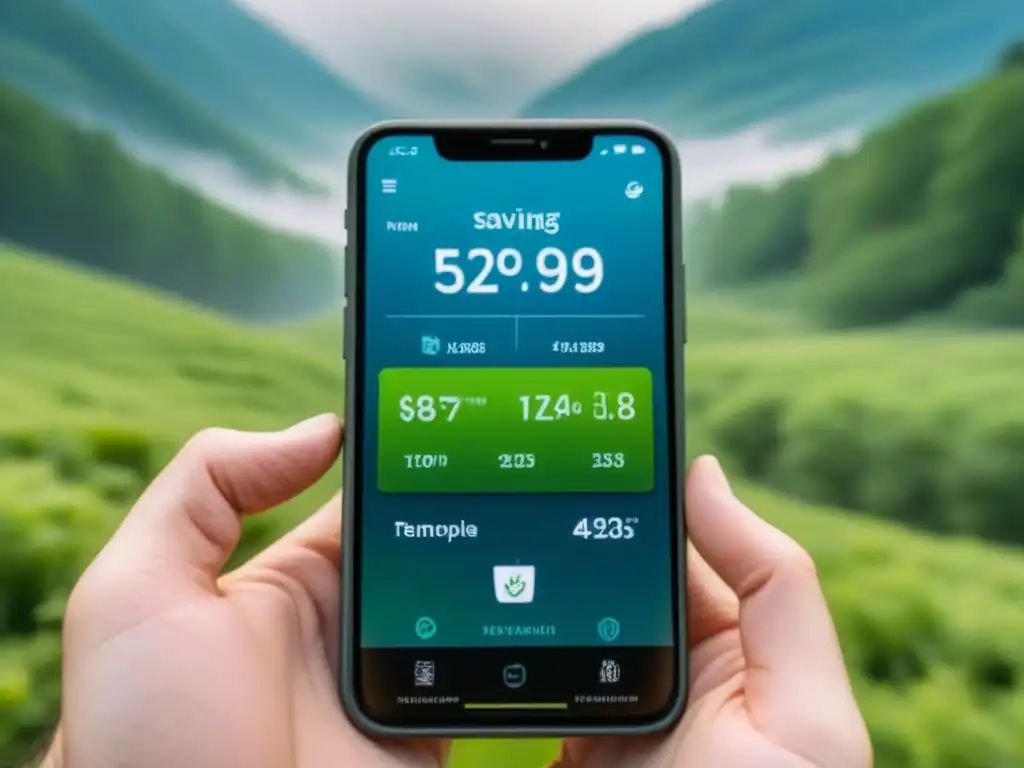 Teléfono inteligente moderno muestra app de ahorro ecológico en interfaz minimalista