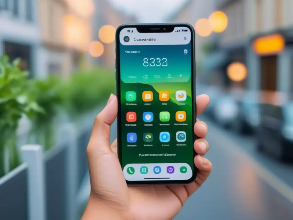 Teléfono moderno con Apps para hogar sostenible en íconos detallados y ecoamigables