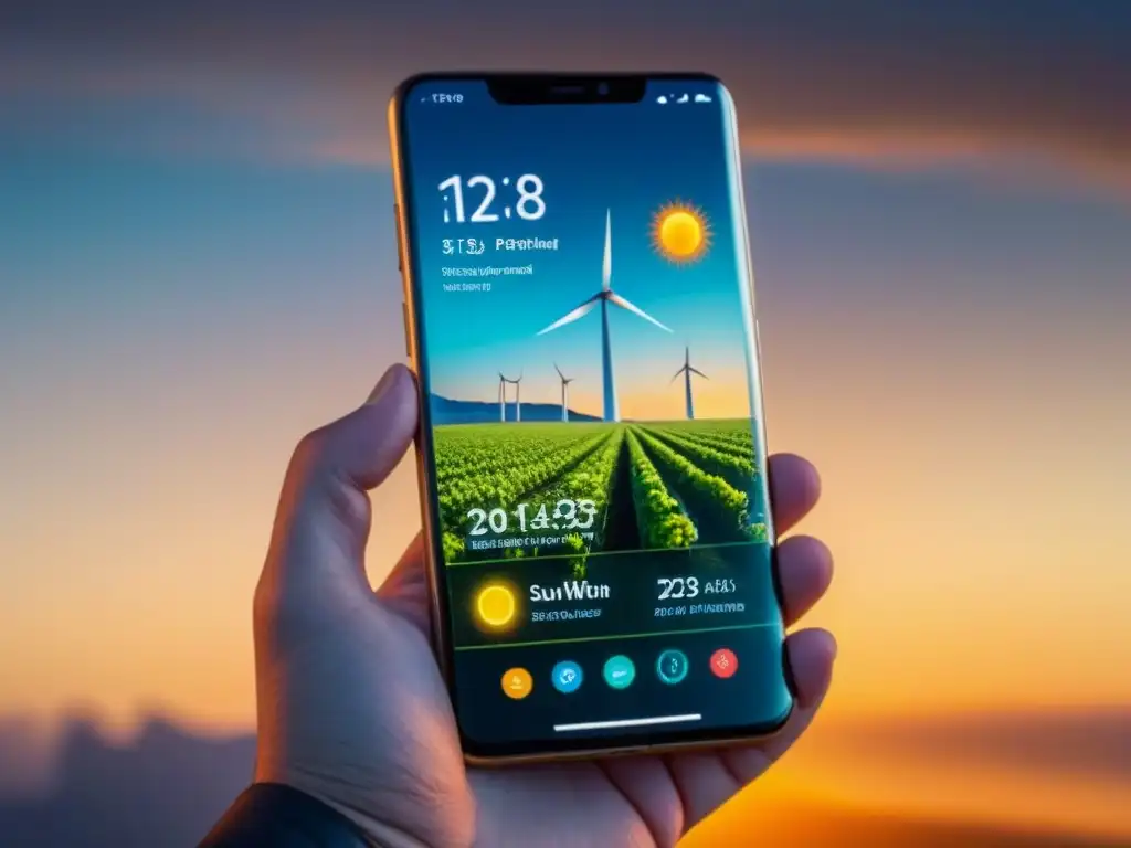 Teléfono moderno con apps para transición a energías renovables en pantalla, diseño minimalista y colores vibrantes