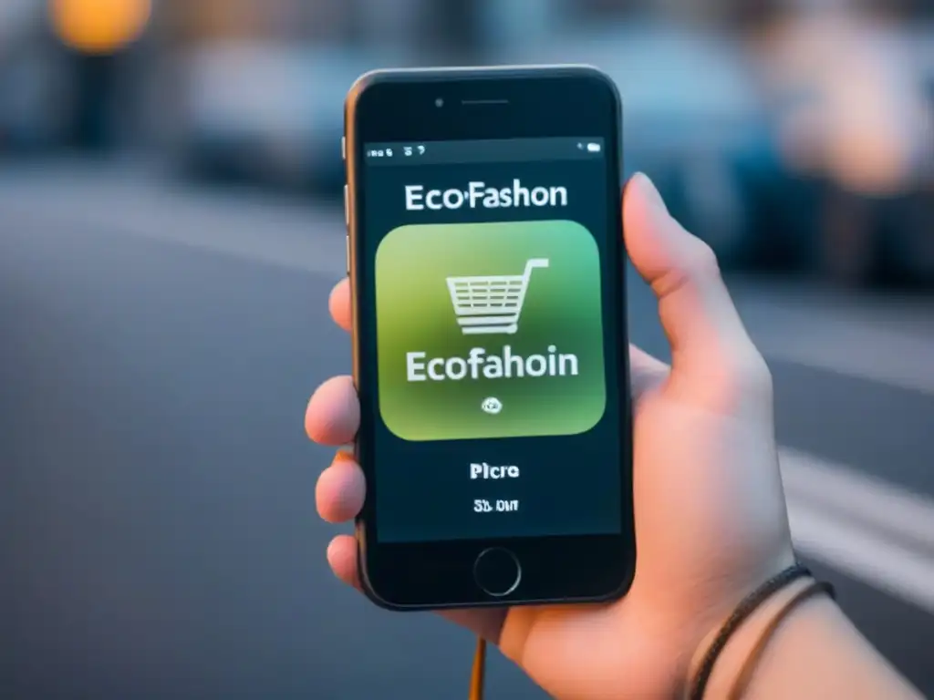 Teléfono móvil con app de EcoFashion mostrando moda sostenible y economía circular