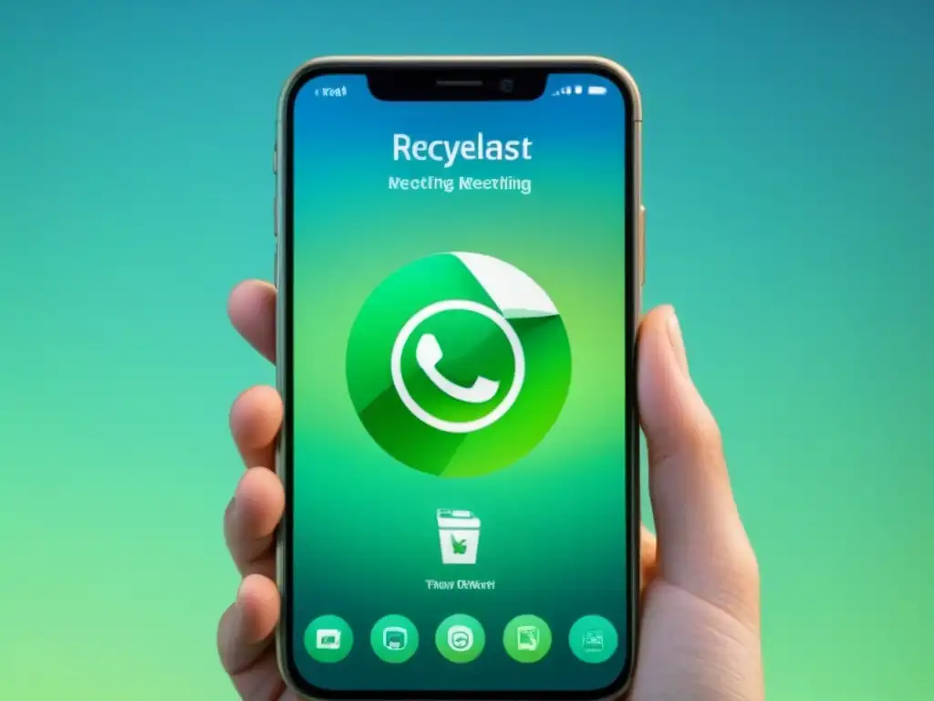 Teléfono móvil moderno con apps de reciclaje, diseño minimalista y tonos verdes, estilo vida sostenible