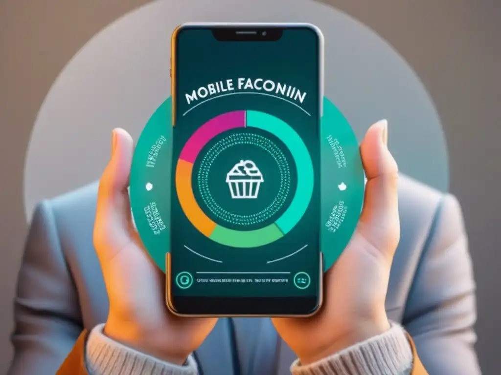 Un teléfono móvil moderno muestra un diagrama de economía circular de moda sostenible en su pantalla, con iconos interconectados de reciclaje, upcycling y producción ética