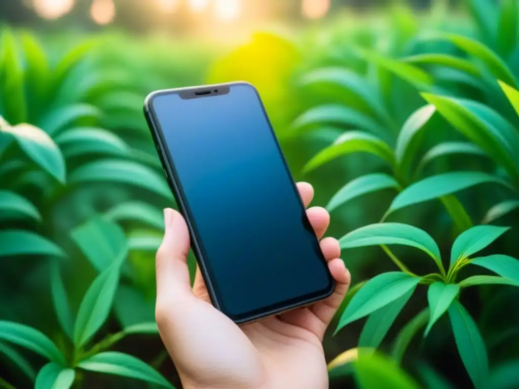 Un teléfono móvil moderno rodeado de exuberante vegetación, fusionando tecnología y naturaleza en apps voluntariado compromiso ambiental