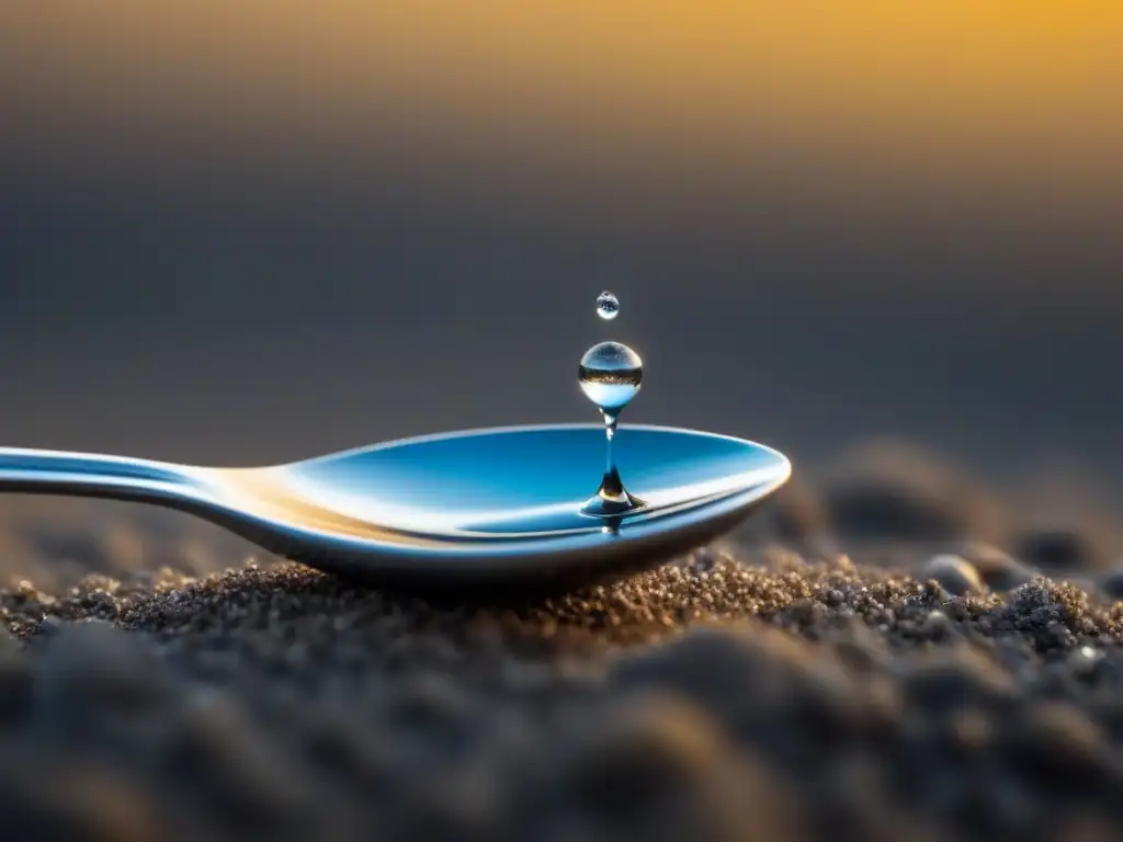 Un tenedor plateado equilibrando una gota de mercurio en tonos tierra