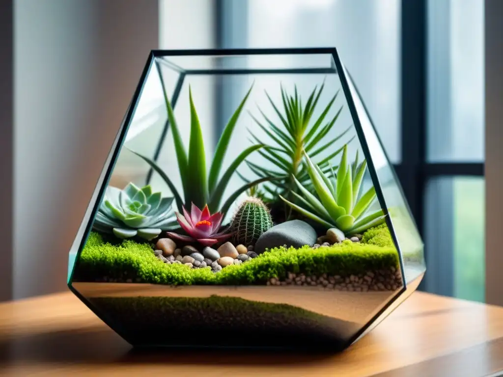 Un terrario moderno con suculentas y plantas aéreas en un recipiente de vidrio geométrico, en una ventana soleada