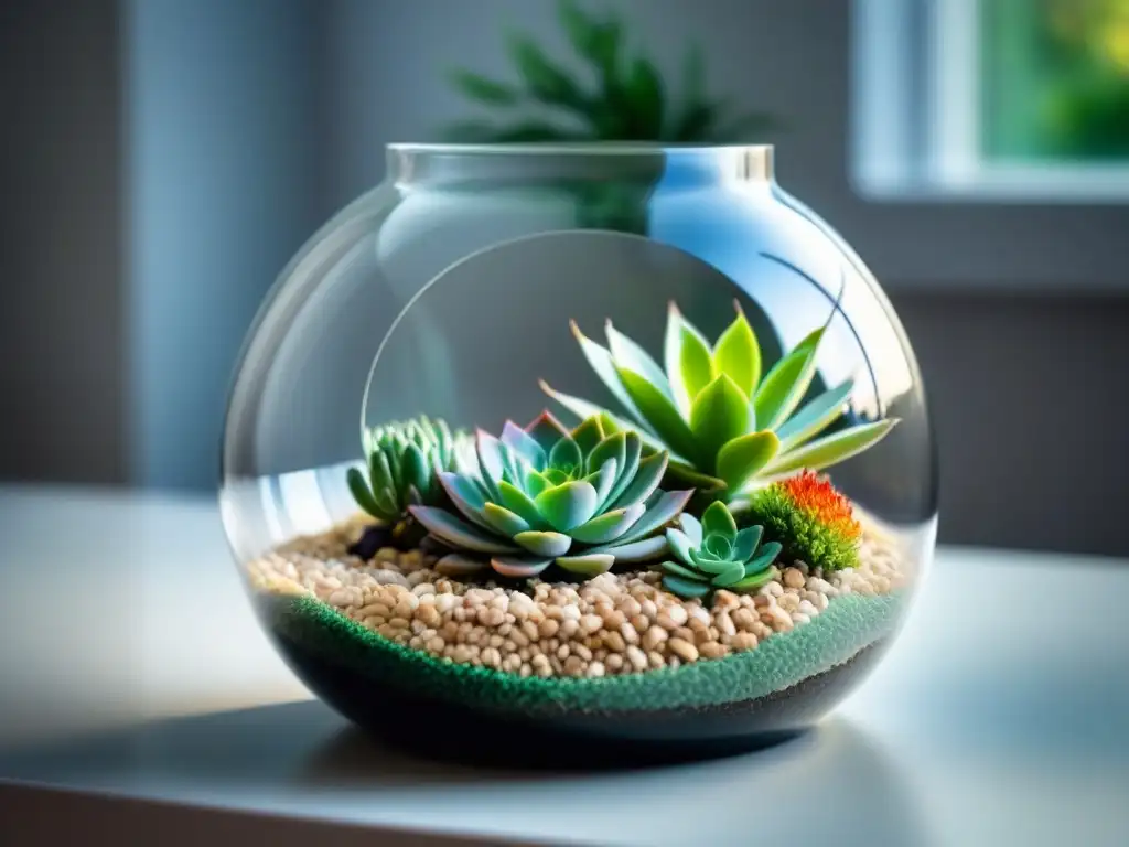 Un terrario de vidrio con suculentas verdes en una mesa blanca, en un ambiente luminoso y ecológico