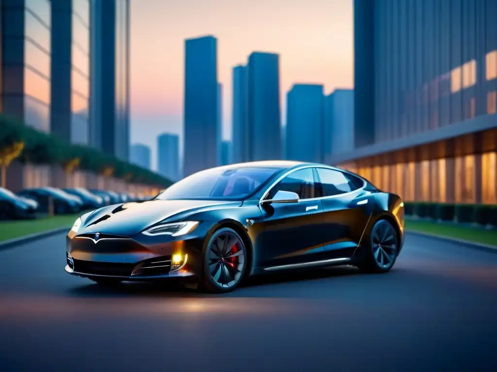 Un Tesla Model S negro en una ciudad futurista al atardecer