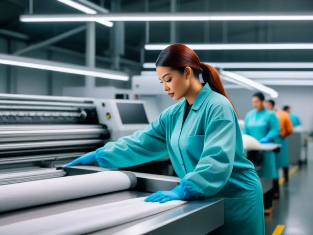 Instalación de producción textil minimalista y sostenible con maquinaria avanzada, luz natural y trabajadores en uniformes ecofriendly