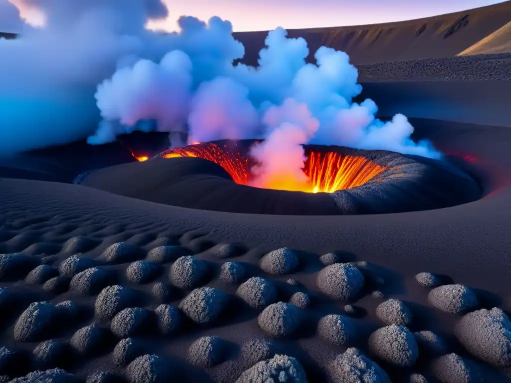 Texturas de lava en cráter volcánico, con vapor y cielo azul