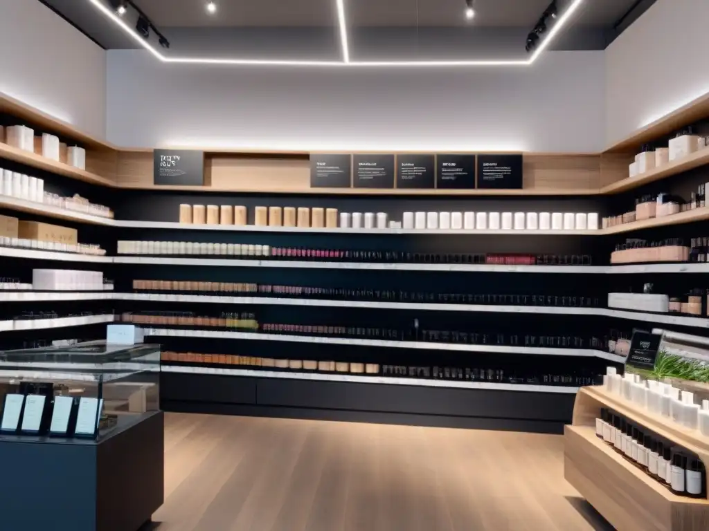 Una tienda de cosméticos ecológicos sostenibles guía, moderna y chic, con productos elegantes y envases reciclados