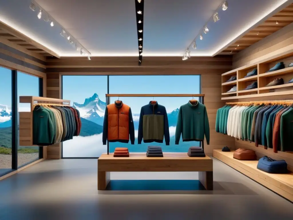 Una tienda de Patagonia con diseño moderno y sostenible: madera recuperada, iluminación eficiente y ventanas grandes para luz natural