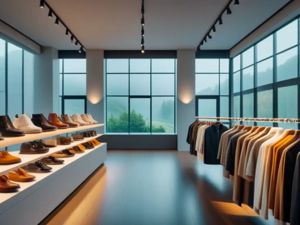 Tienda de moda sostenible: 8k detalle ecochic Tienda de moda minimalista con prendas sostenibles en tonos terrosos, iluminada por luz natural