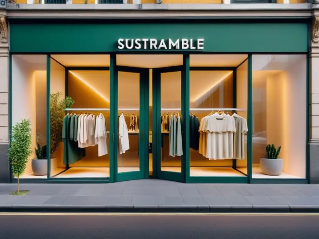 Una tienda de moda sostenible en la ciudad, con ropa ecofriendly y diseño minimalista