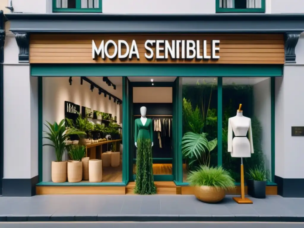 Tienda de moda sostenible con maniquíes luciendo prendas cruelty-free, rodeados de vegetación y materiales sostenibles