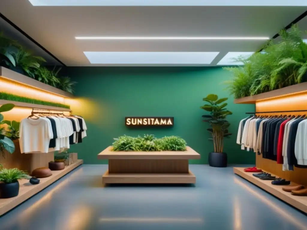Tienda de moda sostenible: diseño innovador y eco-friendly Tienda de moda sostenible: decoración minimalista con materiales ecofriendly y plantas verdes para combatir cambio climático