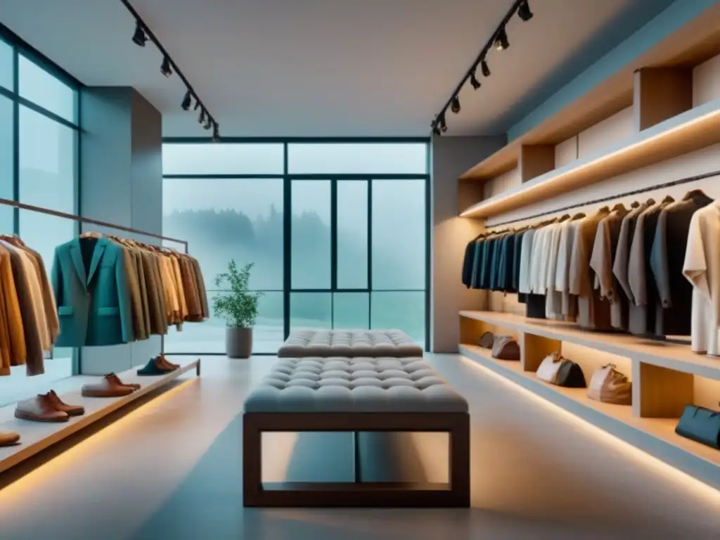 Una tienda de ropa minimalista y sostenible, con elegantes prendas en estantes modernos y luz natural