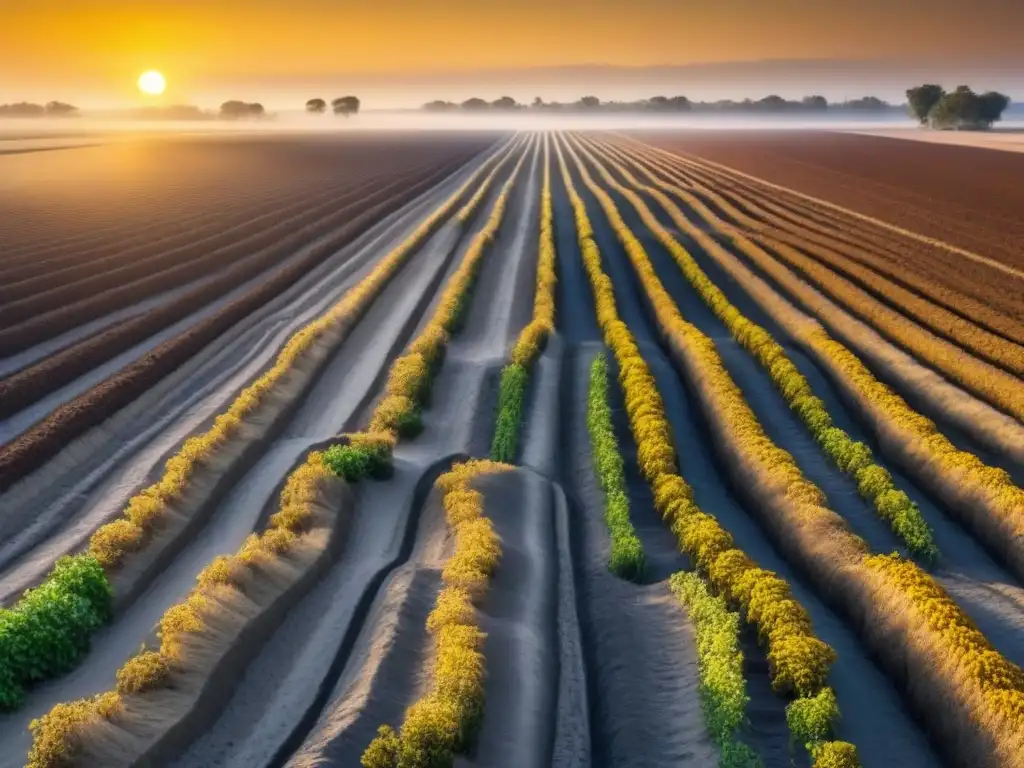 Tierra reseca y agrietada bajo el sol, cultivos marchitos y canales de riego secos, impacto cambio climático agricultura sostenible