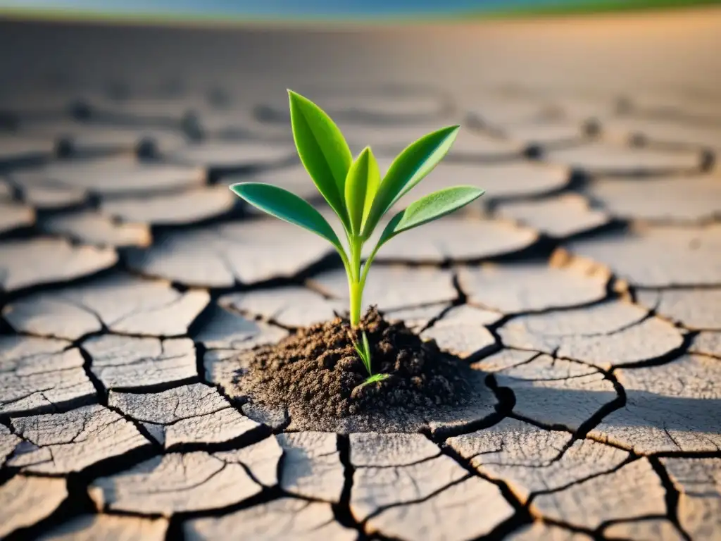 Tierra árida agrietada bajo el sol abrasador, con planta verde brotando, simbolizando adaptación a sequías prolongadas seguridad alimentaria