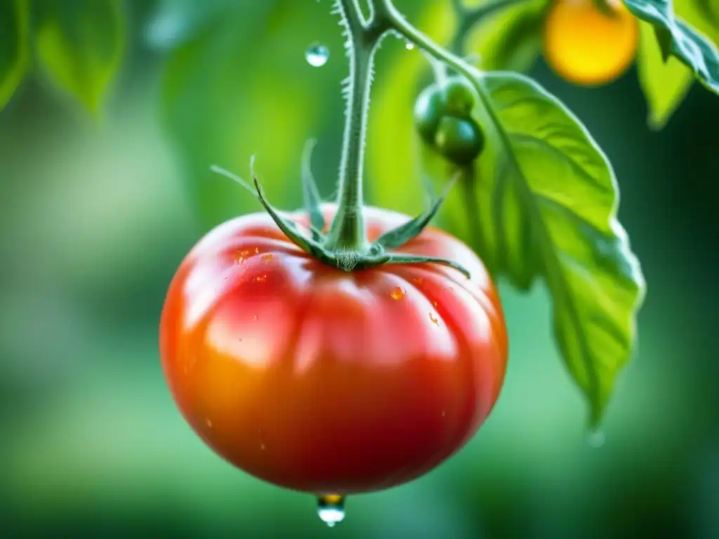 Tomate heirloom maduro y vibrante colgando en una vid, resaltando su frescura y perfección natural en un jardín soleado