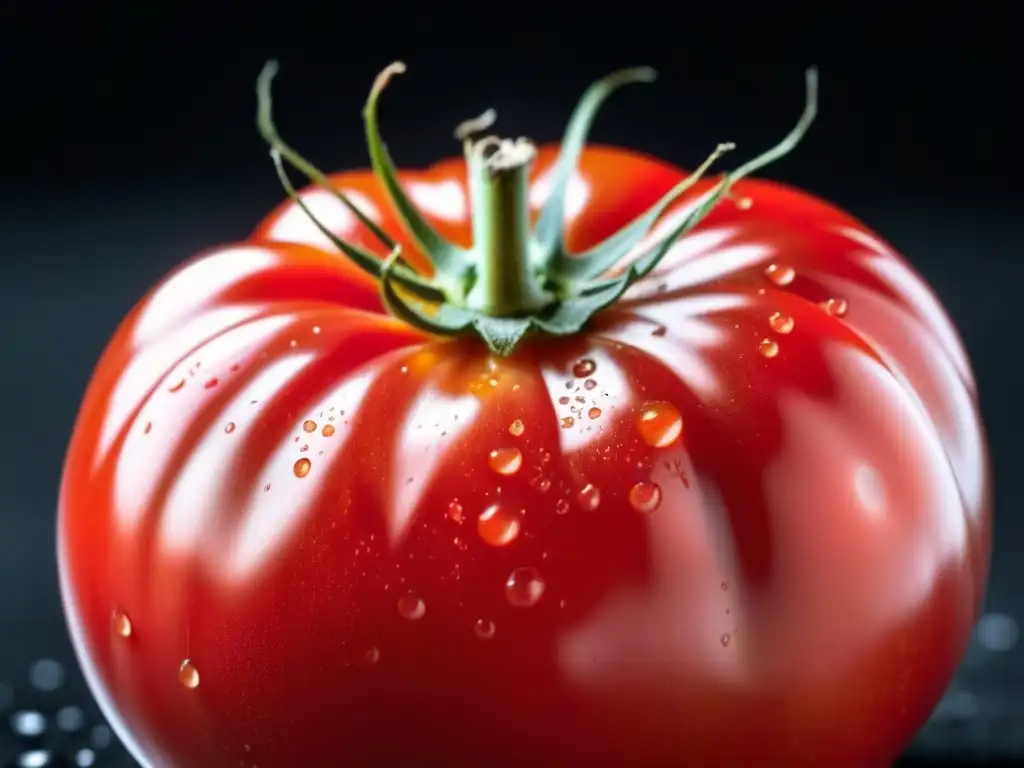 Tomate orgánico recién cosechado con gotas de agua, sobre fondo negro mate