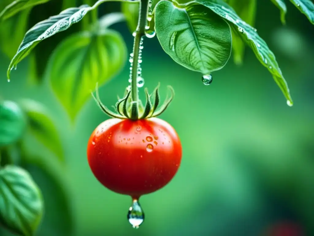 Tomate orgánico fresco colgando de la planta, reflejando la luz del sol y transmitiendo los beneficios de la agricultura orgánica sostenible